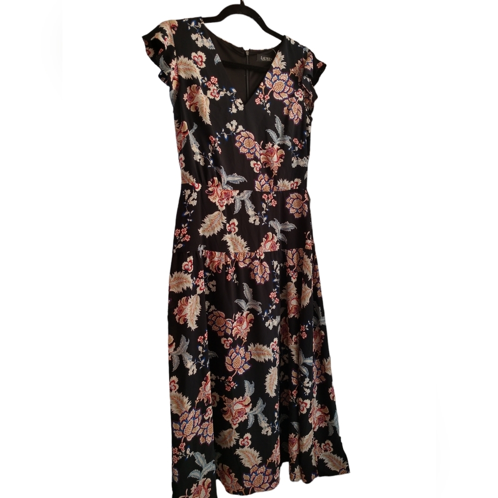 SALE Lauren Ralph Lauren Crepe Floral Midi Dress Flowy Boho Cap Sleeves Size 4 - Picture 2 of 13